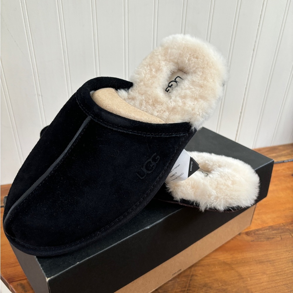UGG Black and Cream Sheepskin Slippers